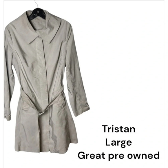Y2K Tristan belted neutral striped collared,hidden button trench coat,L,lined - Picture 1 of 16